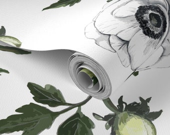 Peel and Stick Removable  Floral Wallpaper-Hand Drawn - Eco-friendly -Anemones on white