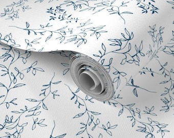 Peel and Stick Removable  Wallpaper-Hand Drawn - Eco-friendly -Twig Vine Blue and White