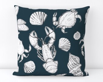 Square Throw Pillows -Hand Drawn Lobster-Crabs-Shells-Beach on Blue-Coastal Decor