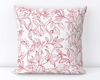 Square Throw Pillows -Hand Drawn red and white tree vines and leaves decorative pillow