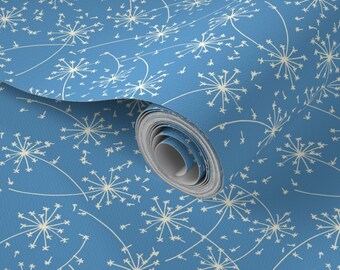Peel & Stick Removable  Wallpaper Hand Drawn White Wild Flowers on Blue