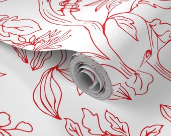 Peel and Stick Removable  Floral Wallpaper-Hand Drawn red and white- Eco-friendly -trees vine and leaves