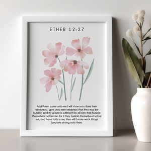 Ether: 12:27 muurkunst - roze bloemen - muurkunst Boek van Mormon - LDS-muurkunst - LDS-cadeaus