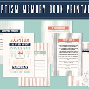 Könnte beinhalten: Druckbare Seiten für ein Taufgedächtnisbuch mit blau-weiß gestreiftem Hintergrund. Die Seiten beinhalten Abschnitte für "Meine Taufbund", "Meine besondere Taufe", "Der Heilige Geist ist", "Mein Taufprogramm" und "Über mich".