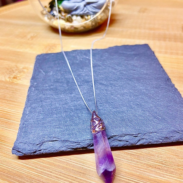 UK Seller Natural Amethyst Chakra Gemstone Crystal Pendant Stress Anxiety Healing Reiki Meditation Necklace 20” 925 Sterling Silver Chain