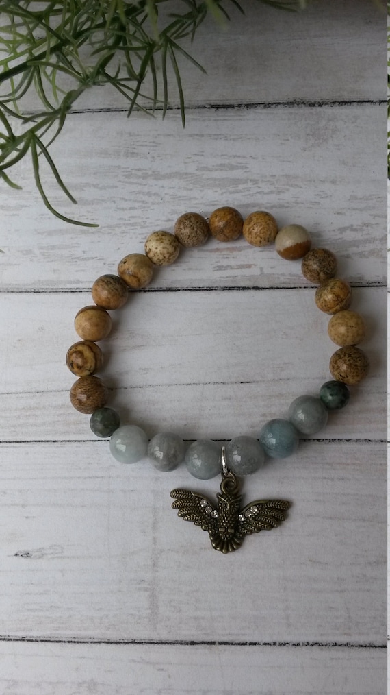 Gemstone Owl Bracelet, Protective Yoga Jewelry, Wrist Mala