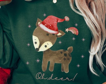 Oh deer Christmas sweatshirt, cute reindeer sweatshirt, funny Christmas sweater, animal lover Christmas gift, deer in Santa hat crewneck