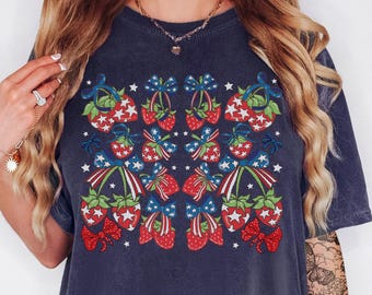 Womens Americana Strawberry Comfort Colors Shirt, American flag tshirt, patriotic produce graphic tee, American pride strawberries tee