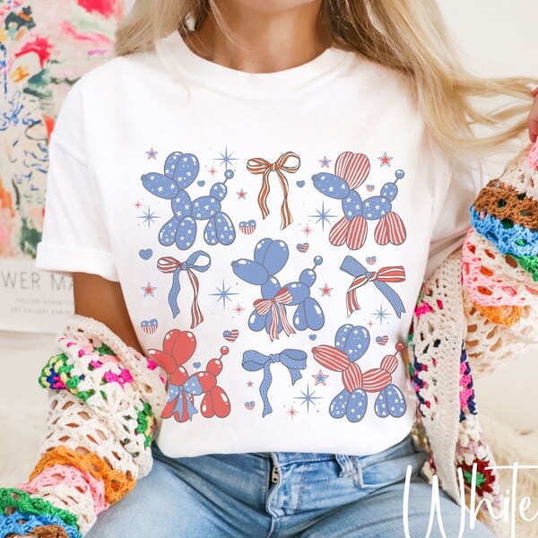 Patriotic coquette balloon dog shirt, coquette 4th of july Tshirt, oversized preppy balloon dog graphic tee, trendy Independence Day t shirt