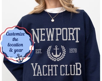 Yacht Club Custom Sweatshirt, Nautical Crewneck, Coastal party pullover, custom location yacht club sweater, bachelorette yacht party merch