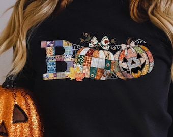 Faux Patchwork Boo Halloween sweatshirt, quilted look Jackolantern crewneck, cozy fall pumpkin sweater, Cottagecore Halloween apparel