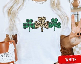 St Patrick’s Shamrock T-shirt, 3 Lucky Shamrocks shirt, Patricks Plaid shamrock, Leopard Print Shamrocks, preppy Shamrocks Shirt for her