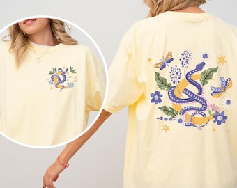 Boho snake moon comfort colors shirt, floral snake moon celestial tee, snake lover gift, women’s mystical snake shirt, boho celestial tshirt