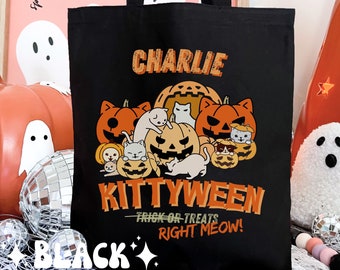 Bolsa de dulces con forma de gato, bolsa de lona personalizada para Halloween, bolsa de dulces de Halloween con diseño de gato, regalo de Kittyween