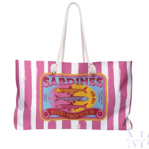 Sardines Tin Weekender Bag, Pink Sardines Overnight Bag, Trendy Sardine Girl Summer Beach Bag, Retro Striped Sardines Oversized Tote Bag