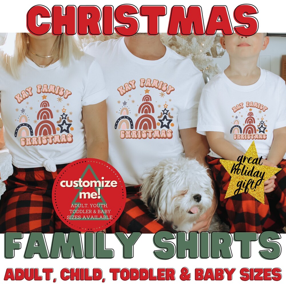 Personalized Family Christmas Shirts, Tees For Family Photoshoot, Boho Christmas Shirts For Family, Matching Family Christmas Tree T Shirts