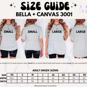 May include: Size chart for Bella + Canvas 3001 unisex t-shirts. The chart shows the width and length measurements in inches for sizes XS to 4X.