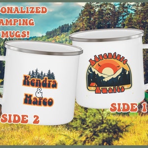 Personalized Newlyweds Gift Custom camping mugs, Wedding gift retro camp adventure enamel mugs for couple, engagement gift, anniversary gift