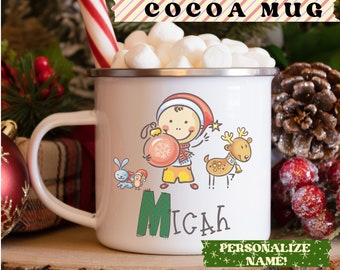 Kids hot cocoa mug, custom holiday kids mug, hot chocolate enamel mug, kids Christmas mug, personalized mug, holiday kids gift, winter mug