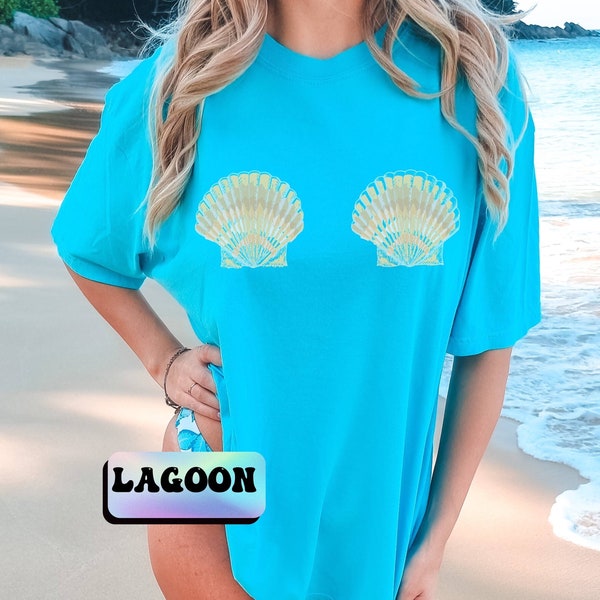 Sea shells comfort colors shirt, mermaid shell tshirt, Womens funny shell bra illusion tee, boho beach tee, swimsuit coverup, seashell shirt