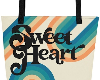 Retro sweetheart tote bag, groovy tote bag, 70s tote bag, vintage style canvas tote, valentines gift tote, sweetheart gift, rainbow tote bag