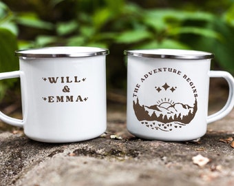 Tazas de camping esmaltadas personalizadas: regalo de aventura en la montaña para recién casados