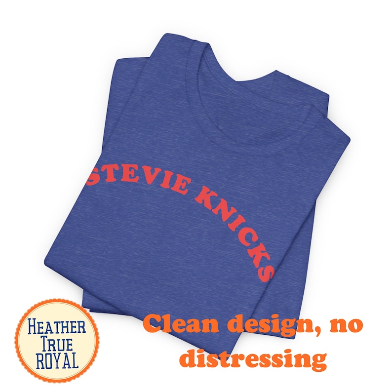 Puede incluir: Una camiseta de manga corta en color azul real jaspeado con el texto STEVIE NICKS impreso en una fuente roja arqueada y negrita en el pecho. La tela tiene una textura jaspeada y el dise&ntilde;o gr&aacute;fico es limpio, sin ning&uacute;n tipo de desgaste.