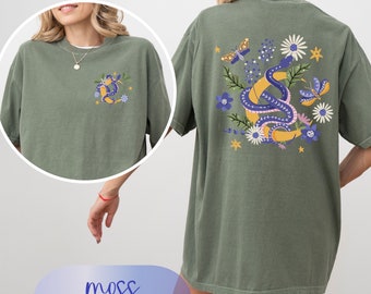 Boho snake moon comfort colors shirt, floral snake moon tee, celestial apparel, snake lover gift, mystical fall shirt, witchy moon t shirt