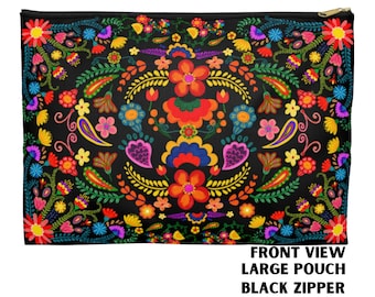 Mexican Otomi Accessory Pouch: Floral Folk Art Cosmetic Bag