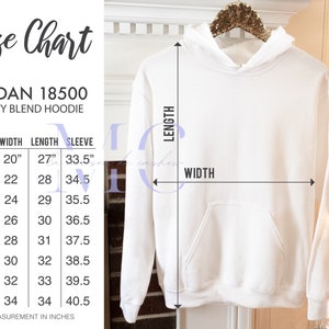 May include: Size chart for Gildan 18500 heavy blend hoodies. The chart shows sizes S through 5XL with corresponding width, length, and sleeve measurements in inches.