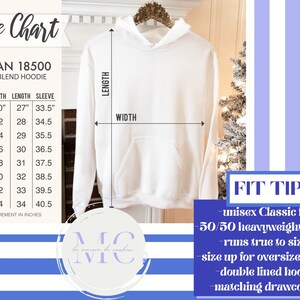 May include: Size chart for a Gildan 18500 heavy blend hoodie. The chart shows measurements in inches for width, length, and sleeve length for sizes S through 5XL. The chart also includes fit tips, such as unisex classic fit, 50/50 heavyweight blend, runs true to size, size up for oversized look, double lined hood, and matching drawcord.