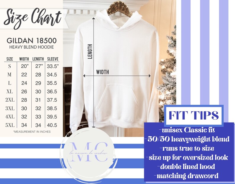 May include: Size chart for a Gildan 18500 heavy blend hoodie. The chart shows measurements in inches for width, length, and sleeve length for sizes S through 5XL. The chart also includes fit tips, such as unisex classic fit, 50/50 heavyweight blend, runs true to size, size up for oversized look, double lined hood, and matching drawcord.