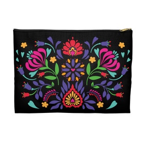 Mexican Otomi floral Accessory Pouch, folk art zip pouch, colorful flower pattern mini cosmetic bag, botanical accessory pouch, holiday gift