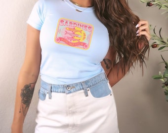 Y2K Pink Sardines Baby Tee, Sardine Girl Summer Crop Top, coastal grandma 90s baby tee, comfort colors tinned fish baby t shirt