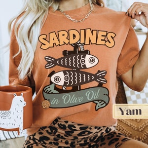 Retro sardine tin graphic tee comfort colors tinned fish shirt oversized vintage coastal shirt sardine girl summer apparel seafood lover tee