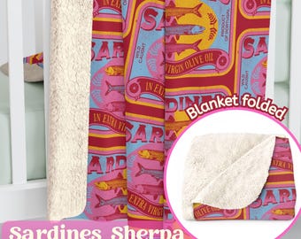 Sardine Tin Sherpa Fleece Blanket, pink tinned fish print cozy throw blanket, sardine home decor, sardine girl aesthetic, sardine lover gift