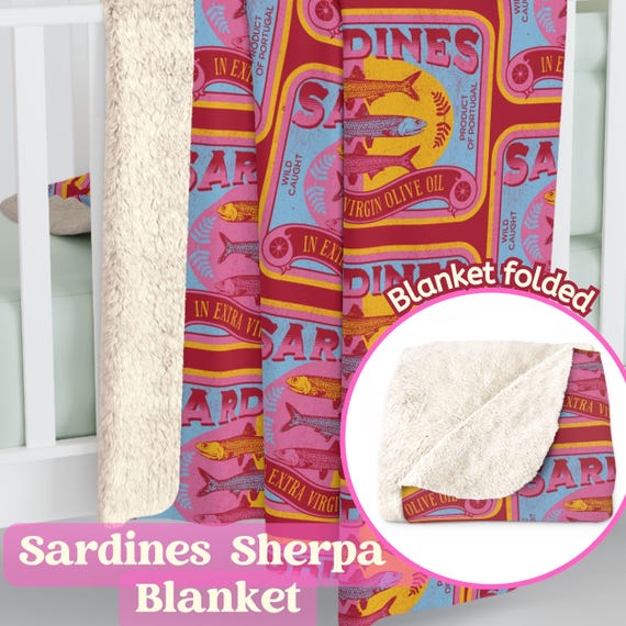 Sardine Tin Sherpa Fleece Blanket, pink tinned fish print cozy throw blanket, sardine home decor, sardine girl aesthetic, sardine lover gift