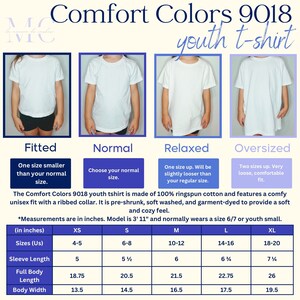 May include: White Comfort Colors 9018 youth t-shirts in fitted, normal, relaxed, and oversized styles. The image includes a size chart with measurements in inches for XS to XL sizes, detailing sleeve length, full body length, and body width.