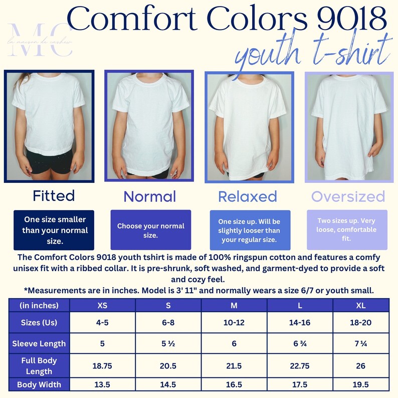 May include: White Comfort Colors 9018 youth t-shirts in fitted, normal, relaxed, and oversized styles. The image includes a size chart with measurements in inches for XS to XL sizes, detailing sleeve length, full body length, and body width.