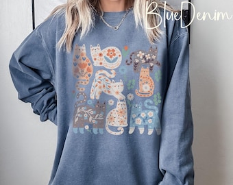 Floral Scandinavian Cat Sweatshirt: Comfort Colors Cottagecore Clothing