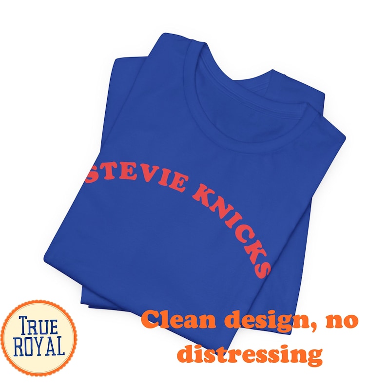 Puede incluir: Una camiseta de color azul real con el texto STEVIE KNICKS en una fuente naranja llamativa y arqueada en el pecho. La prenda presenta un dise&ntilde;o limpio y de color s&oacute;lido, sin ning&uacute;n tipo de desgaste en la tela ni en el estampado.