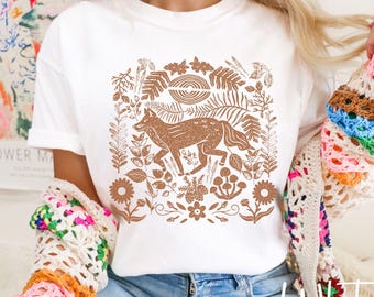 Vintage Woodland fox block print shirt comfort colors Linocut botanical folk art fox tee forestcore Linoprint tee cottagecore Fox lover gift