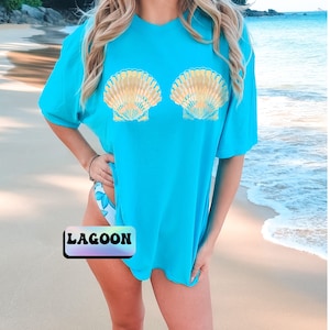 Sea shell bikini comfort colors shirt, mermaid bra seashell t shirt, Womens clamshell bra illusion tee, funny boho mermaid seashells shirt