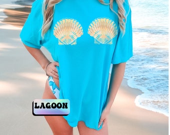 Mermaid bra comfort colors shirt, mermaid theme party t shirt, Womens retro clamshell bra illusion tee, funny vintage seashell bikini tshirt