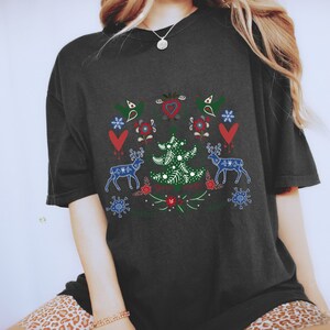 Comfort colors Scandinavian Christmas shirt folk art tshirt botanical shirt hygge gift aesthetic clothes Nordic Christmas gift Cottagecore image 2