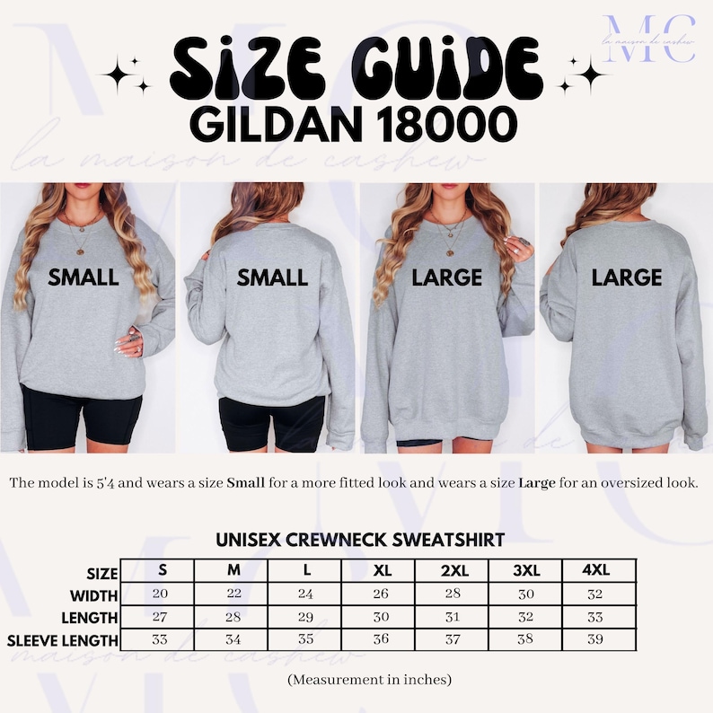 May include: Size chart for Gildan 18000 unisex crewneck sweatshirts. The chart shows measurements in inches for width, length, and sleeve length for sizes S, M, L, XL, 2XL, 3XL, and 4XL.
