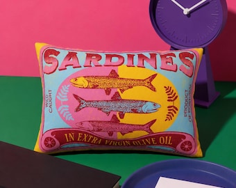 Sardines Tin Lumbar Pillow, 20” x  14” tinned fish pillow, cute sardine home decor, trendy fish pillow, custom pink sardine throw pillow