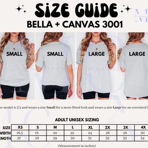 Puede incluir: Una gu&iacute;a de tallas para camisetas Bella + Canvas 3001 con cuatro vistas de una camiseta gris etiquetada como Small y Large. Incluye una tabla de tallas unisex para adultos con medidas de ancho y largo en pulgadas de XS a 4X como referencia.