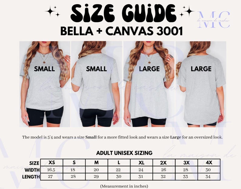 Puede incluir: Una gu&iacute;a de tallas para camisetas Bella + Canvas 3001 con cuatro vistas de una camiseta gris etiquetada como Small y Large. Incluye una tabla de tallas unisex para adultos con medidas de ancho y largo en pulgadas de XS a 4X como referencia.