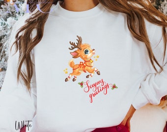 Cute reindeer christmas sweatshirt, retro reindeer sweater, seasons greetings vintage sweatshirt, gift for her, retro Christmas crewneck